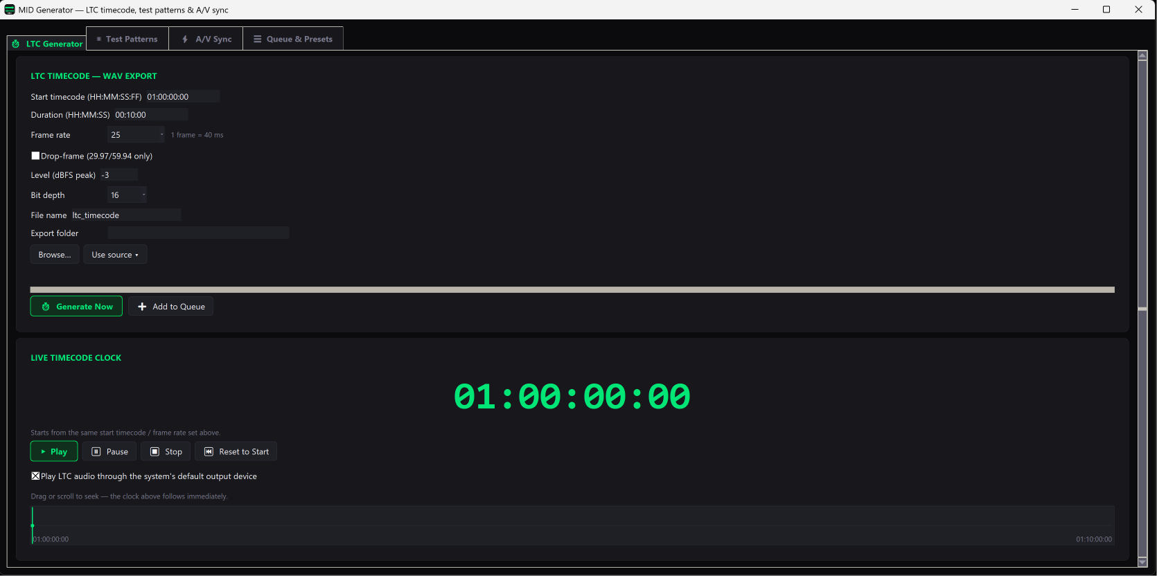 MID Generator LTC timecode tab with live timecode clock