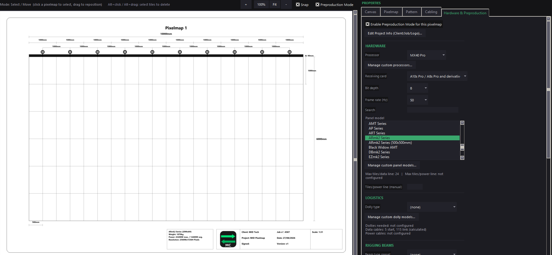 MID Pixelmap Preproduction Mode showing a dimensioned technical drawing with hardware and rigging panel