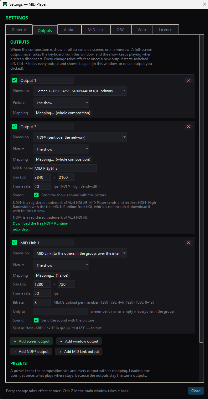 MID Player Settings, Outputs: a screen output, an NDI output and a MID Link output for streaming video