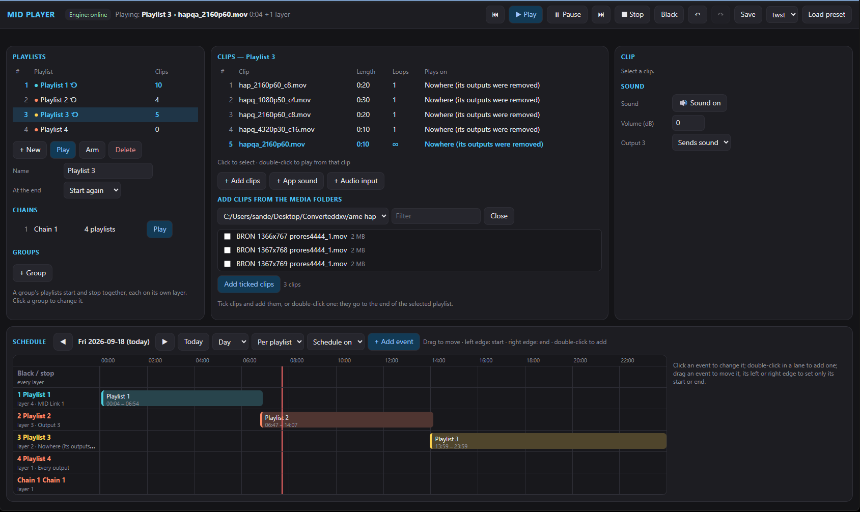 MID Player web remote in a browser, showing playlists, clips and the schedule