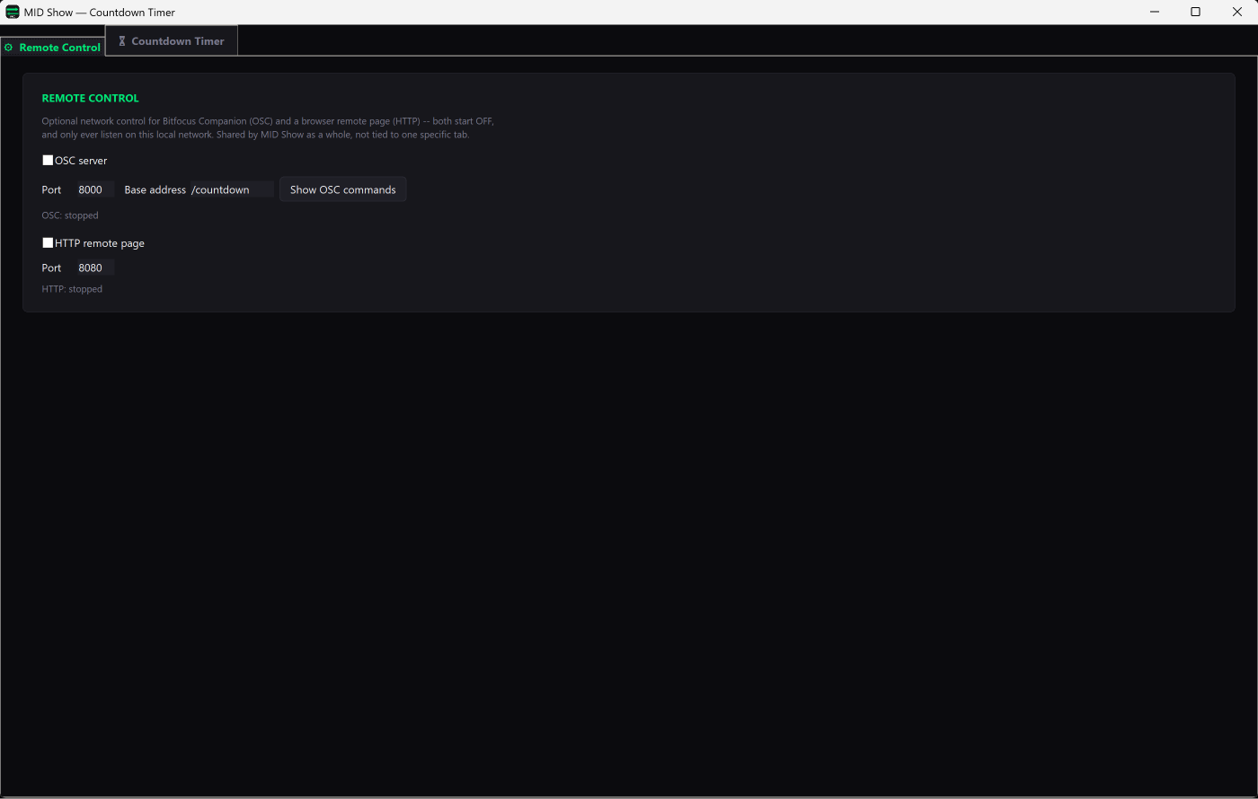 MID Countdown Remote Control tab with OSC server and HTTP remote page settings