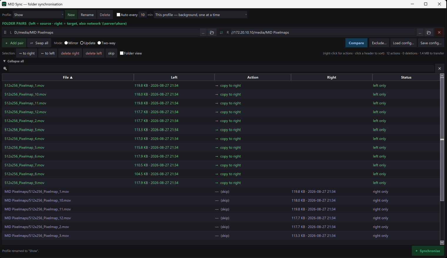 MID Sync folder pair configuration with mirror/update/two-way modes